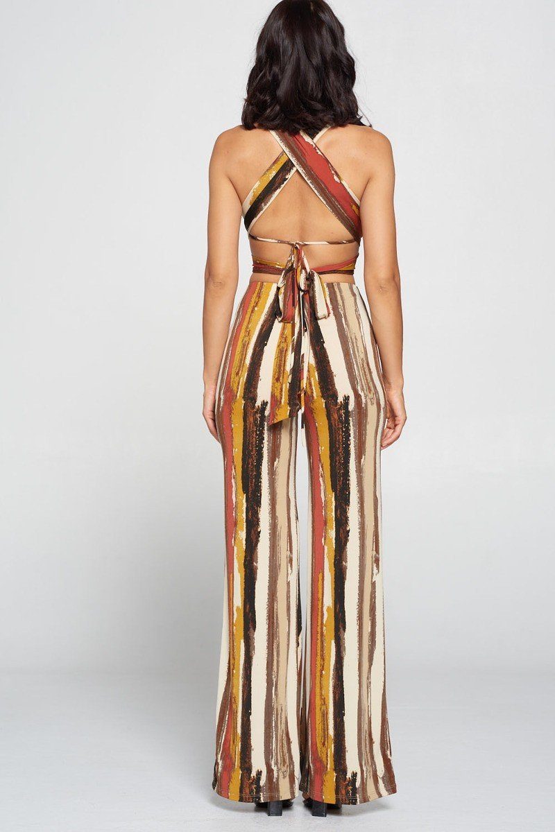 Stripped Cropped Top And Wide Leg Pants Set - YuppyCollections