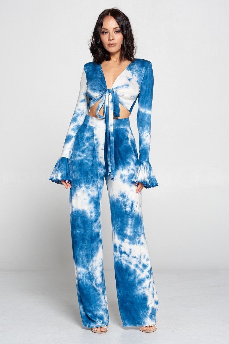 Tie Dye Fronttie Top And Wide Leg Pants Set - YuppyCollections