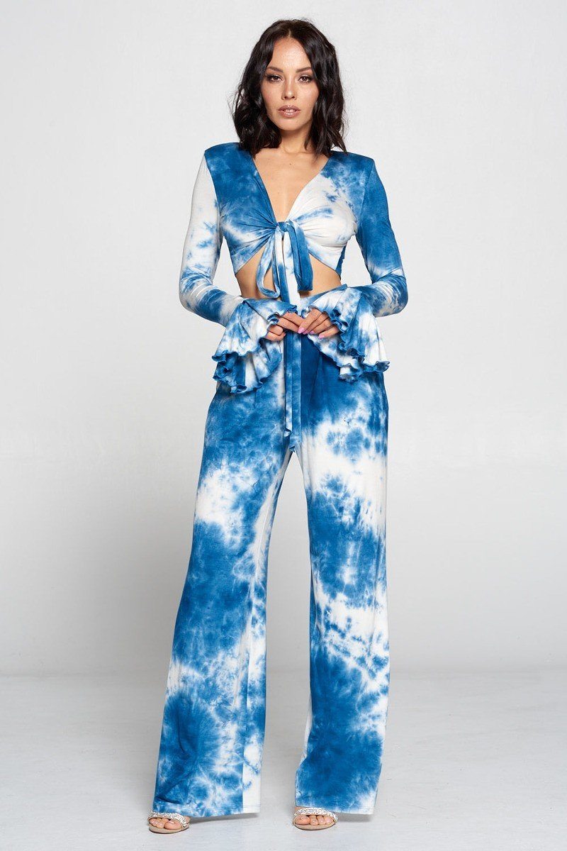 Tie Dye Fronttie Top And Wide Leg Pants Set - YuppyCollections