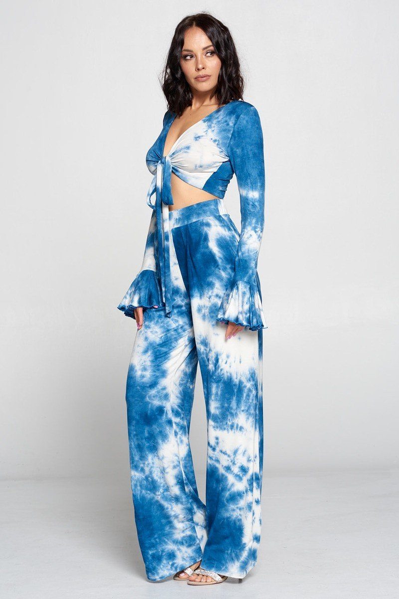 Tie Dye Fronttie Top And Wide Leg Pants Set - YuppyCollections