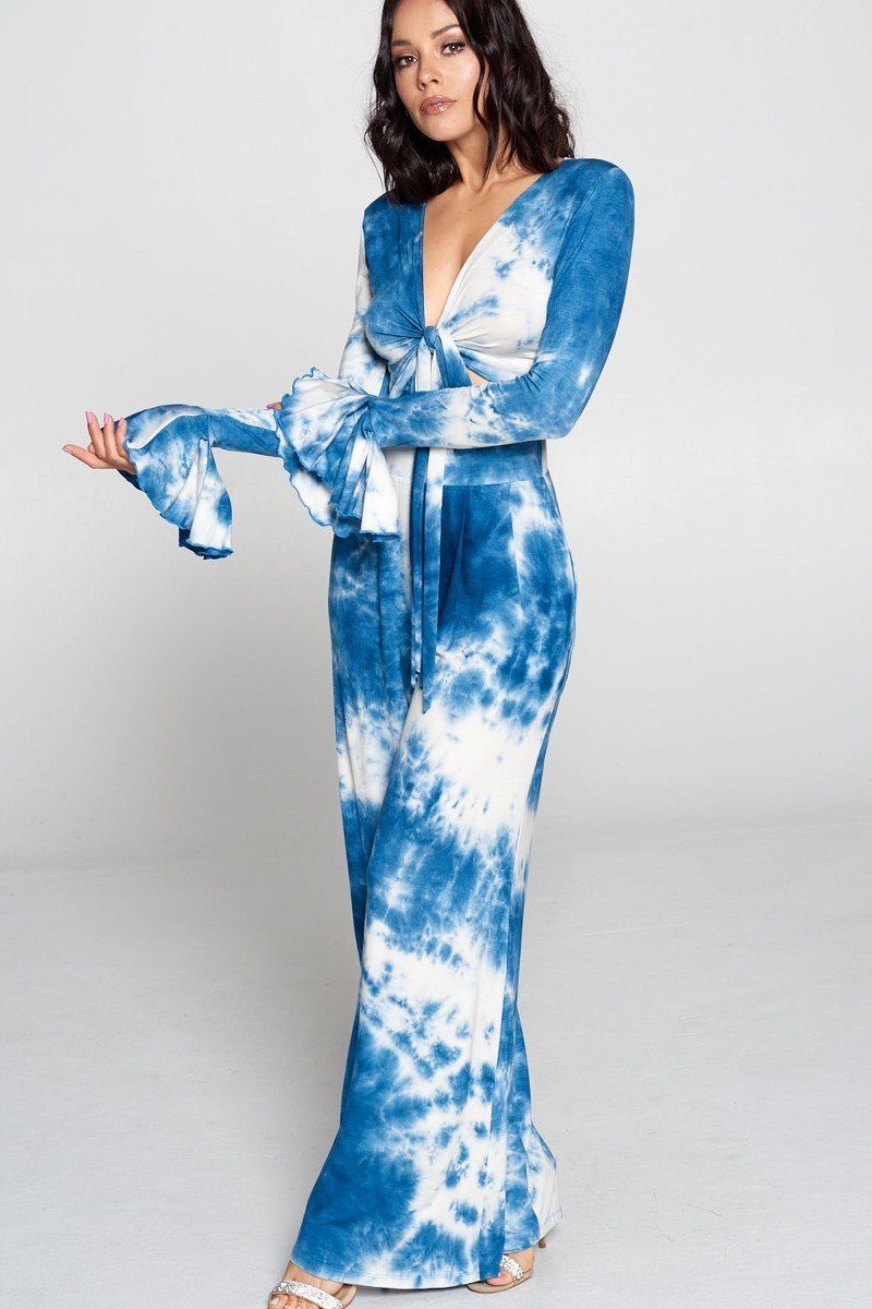 Tie Dye Fronttie Top And Wide Leg Pants Set - YuppyCollections