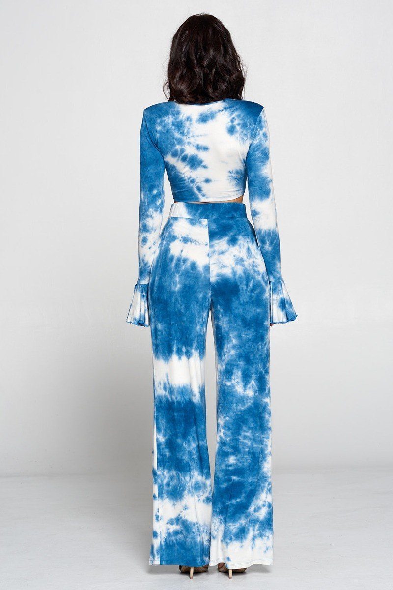 Tie Dye Fronttie Top And Wide Leg Pants Set - YuppyCollections