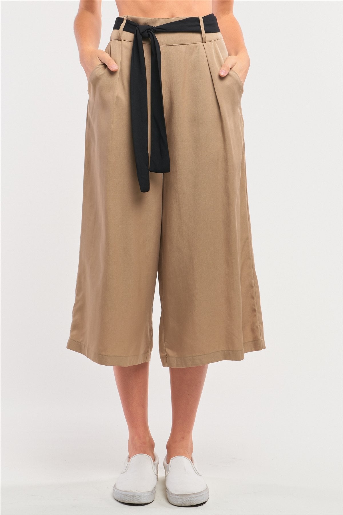 Beige High Waist Self-tie Belt Detail Flare Capri Pants - YuppyCollections