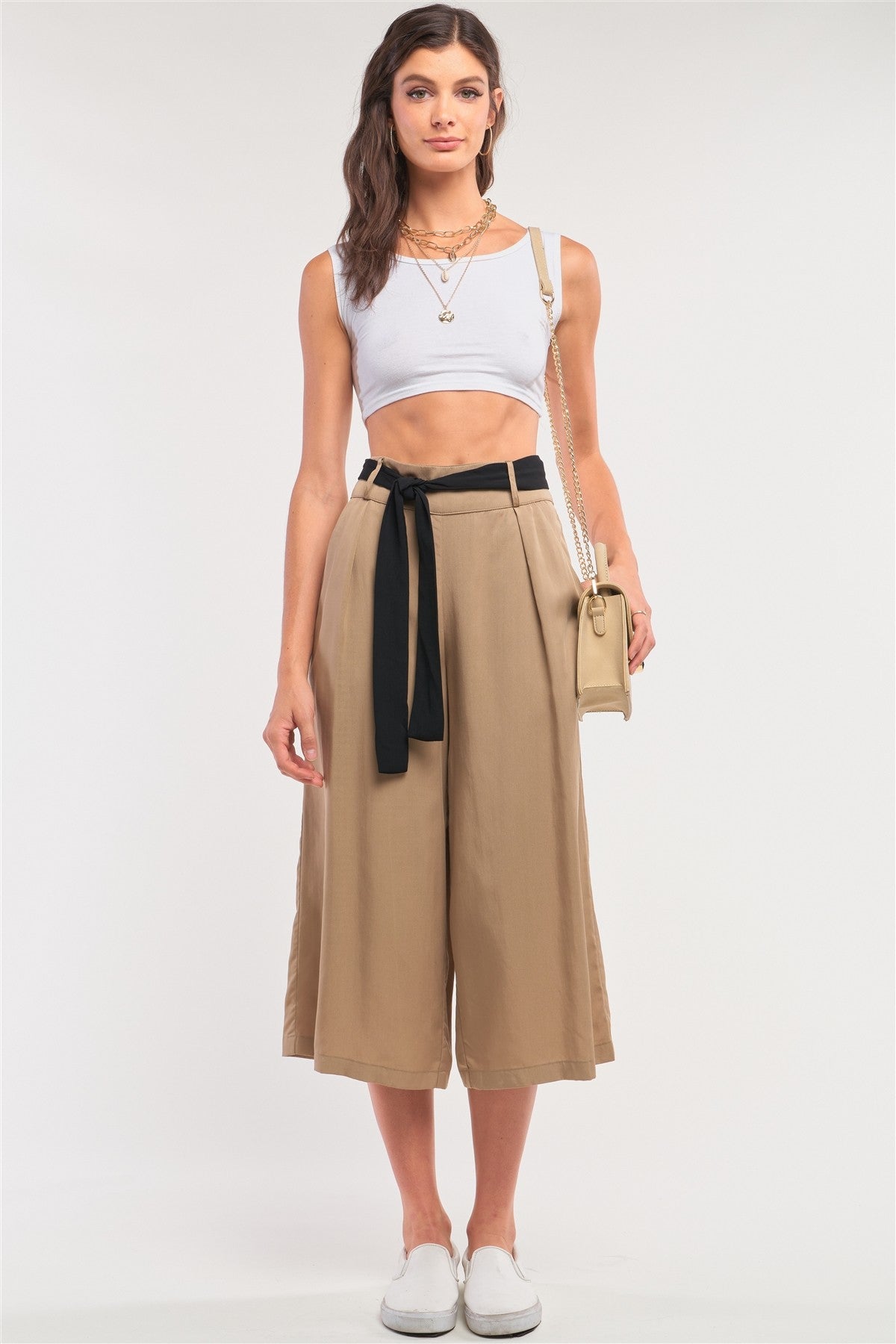 Beige High Waist Self-tie Belt Detail Flare Capri Pants - YuppyCollections