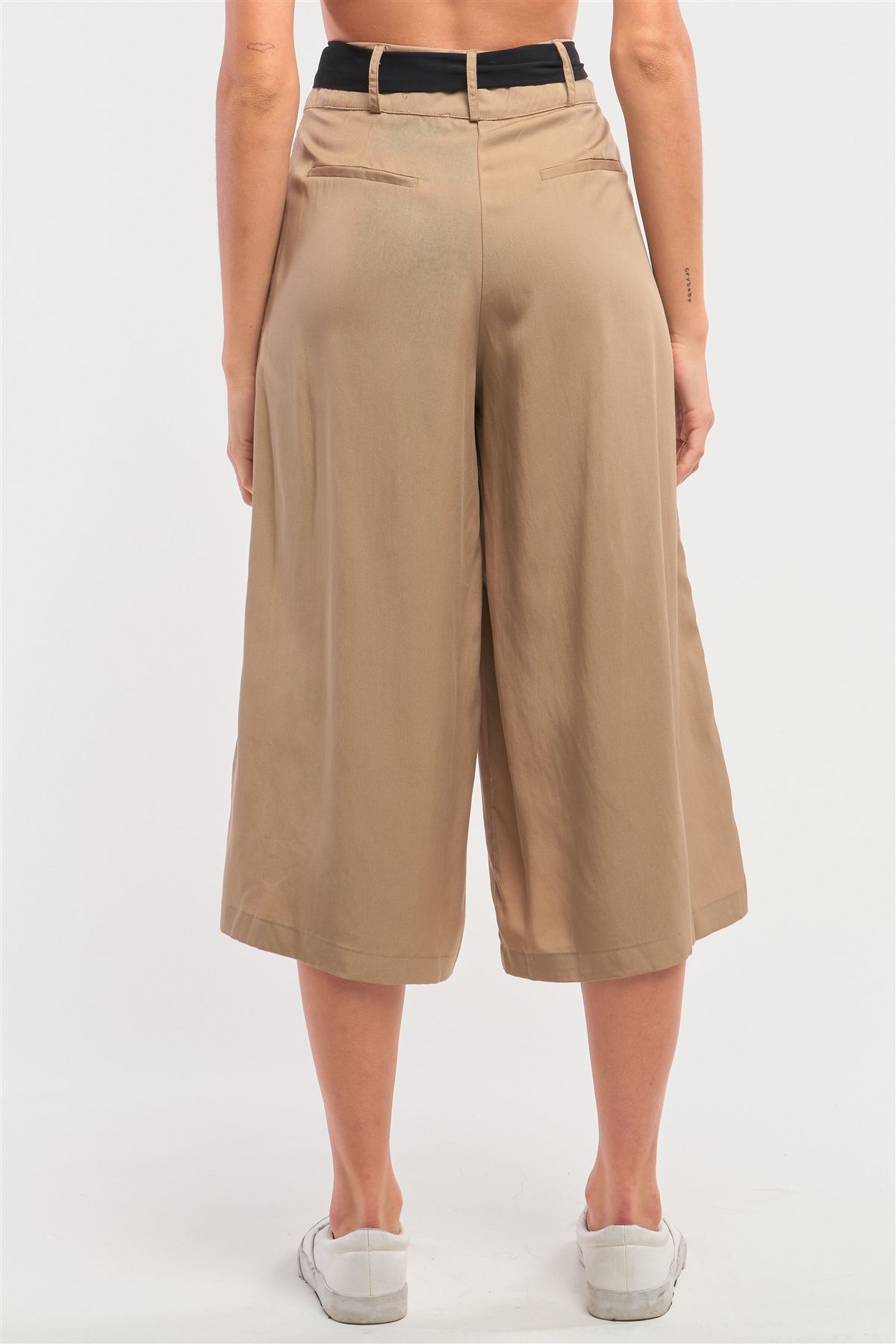 Beige High Waist Self-tie Belt Detail Flare Capri Pants - YuppyCollections