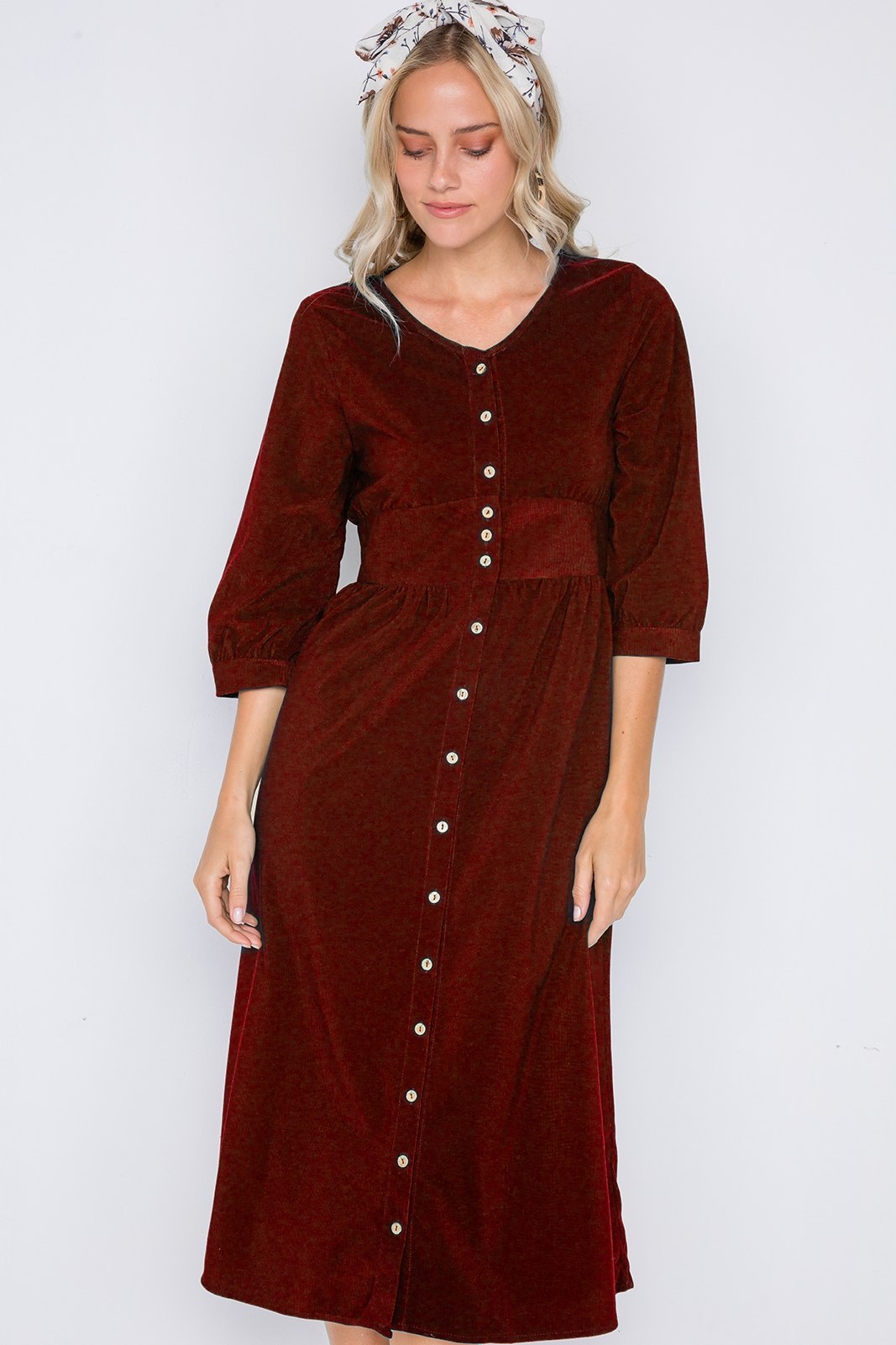 Corduroy 3/4 Sleeve Button Down Midi Dress - YuppyCollections