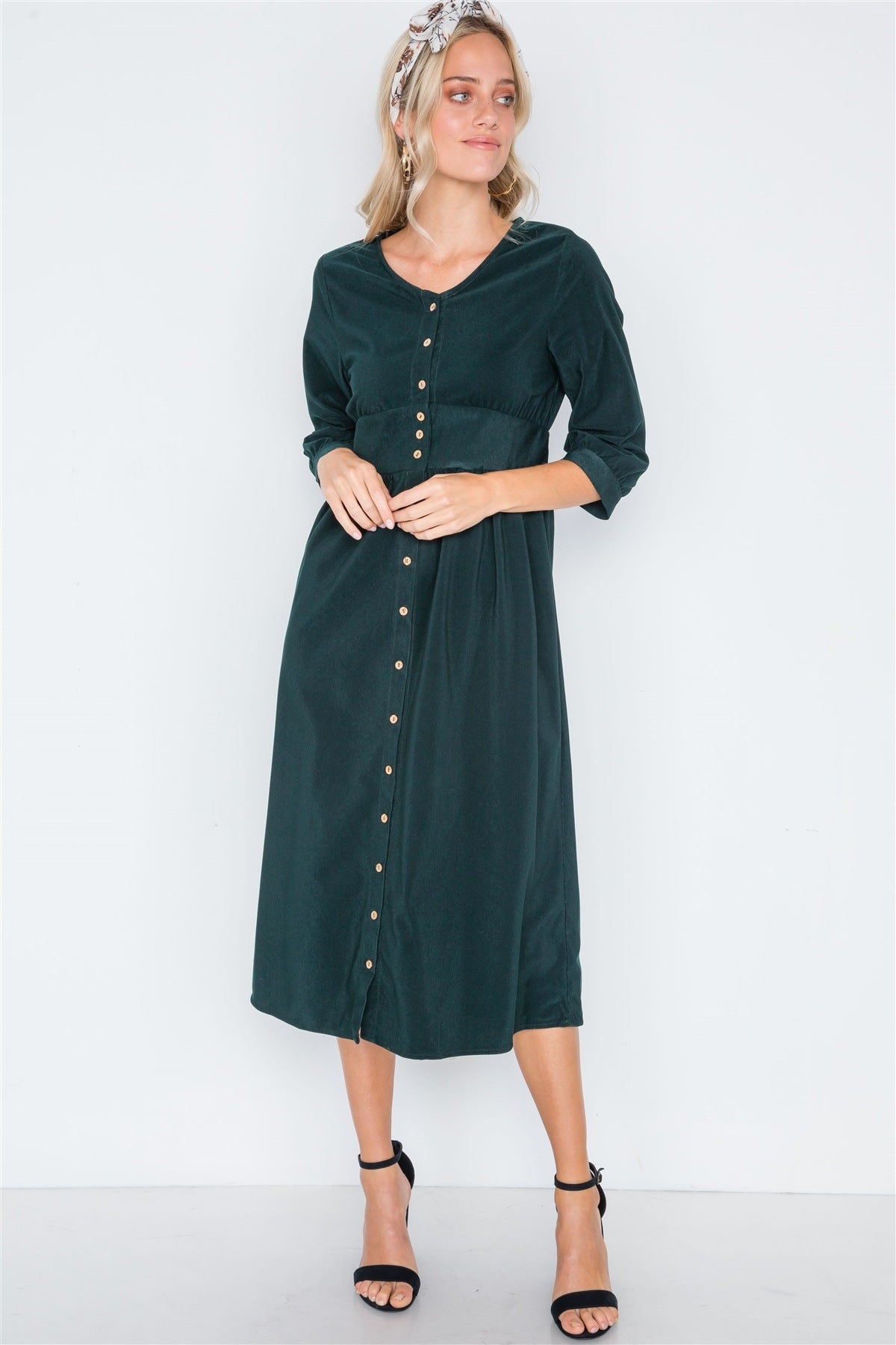 Corduroy 3/4 Sleeve Button Down Midi Dress - YuppyCollections