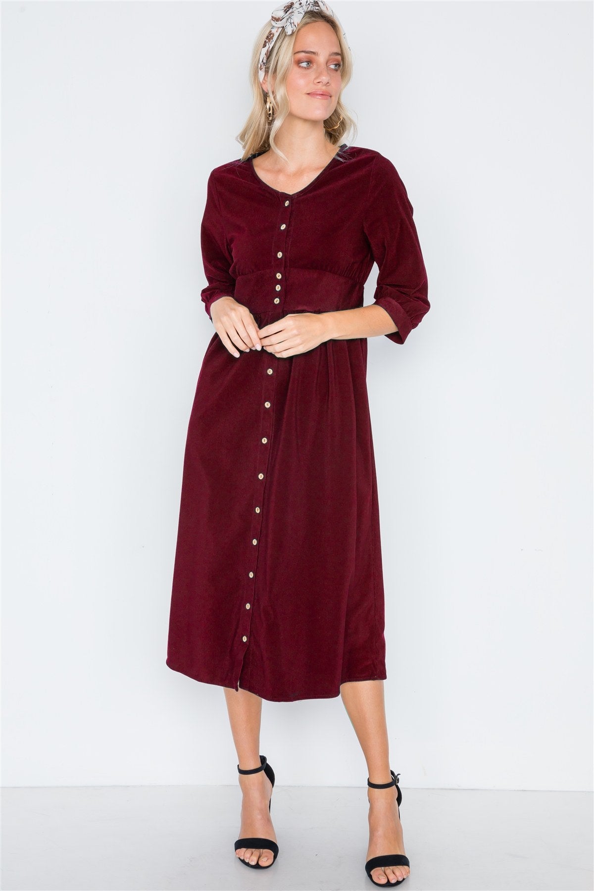 Corduroy 3/4 Sleeve Button Down Midi Dress - YuppyCollections