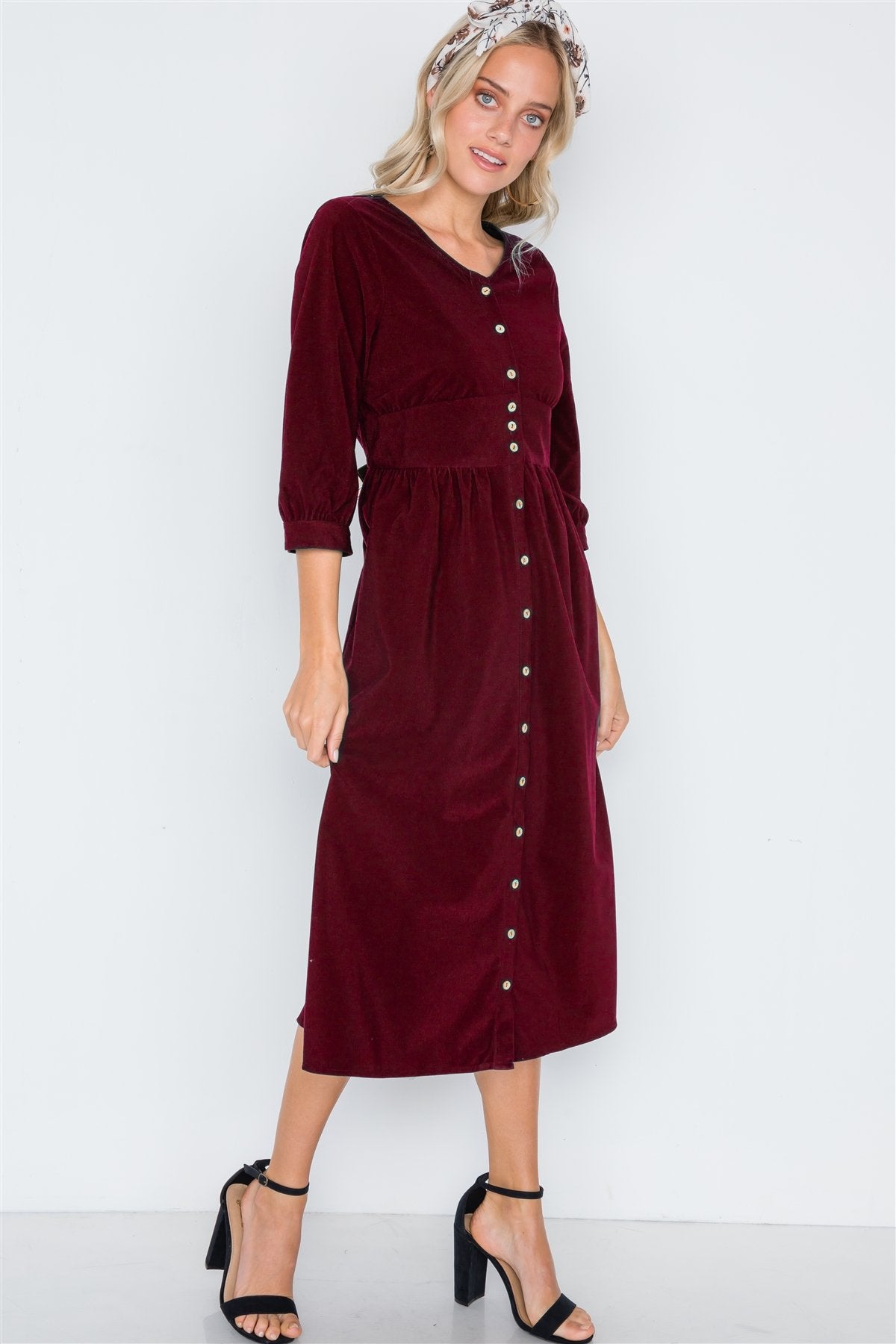 Corduroy 3/4 Sleeve Button Down Midi Dress - YuppyCollections