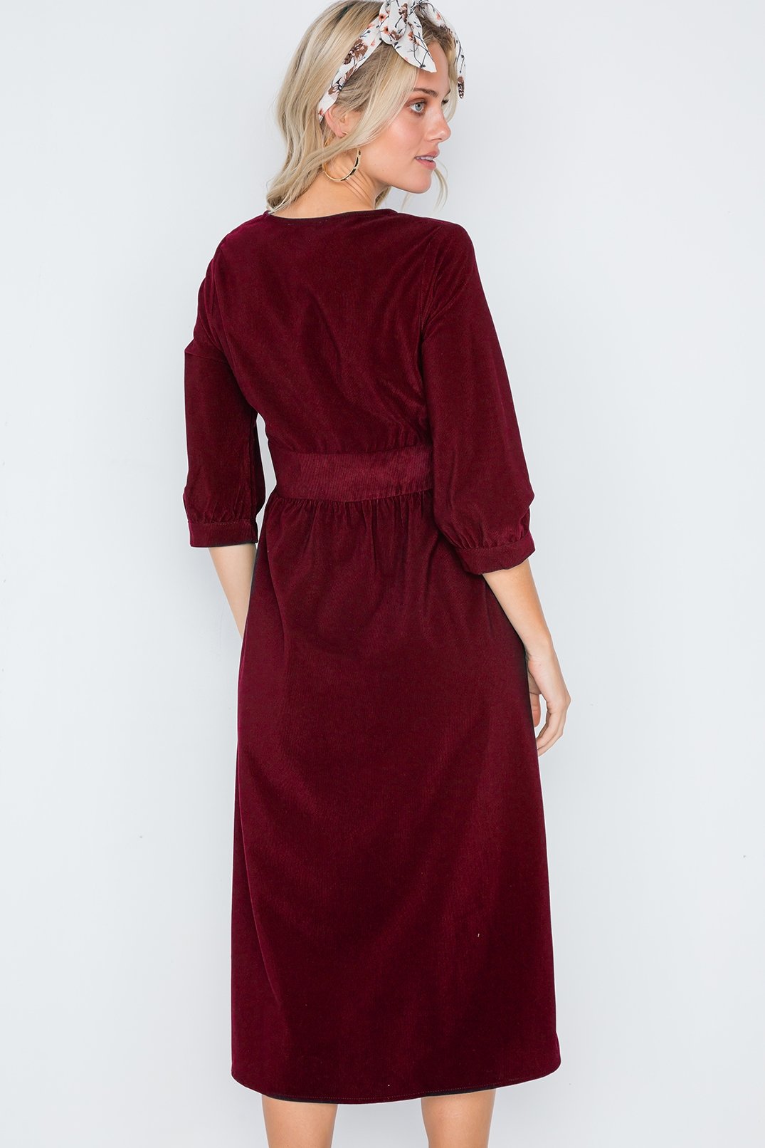 Corduroy 3/4 Sleeve Button Down Midi Dress - YuppyCollections