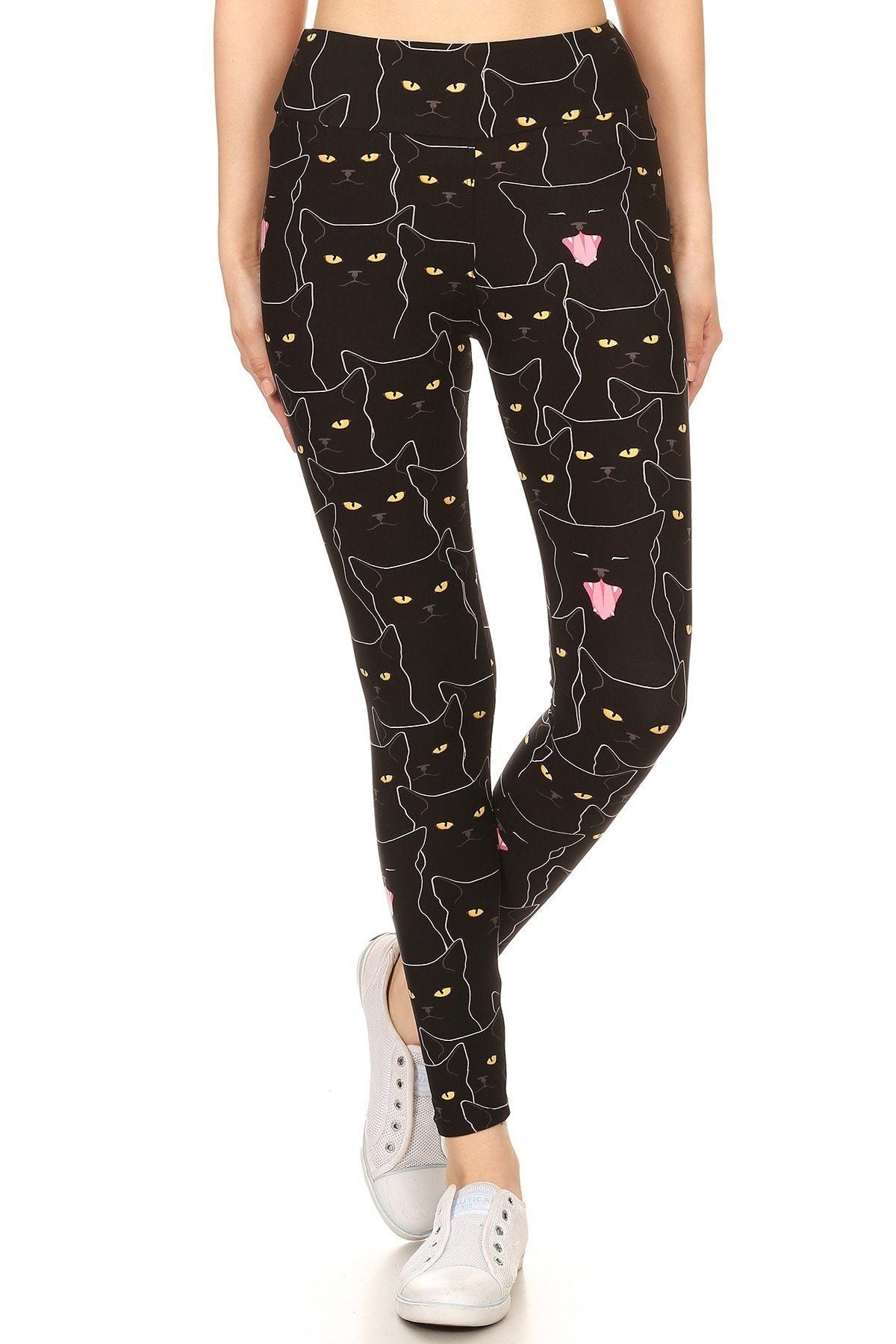 Yoga Style Banded Lined Black Cat Print, Full Length Leggings In A Slim Fitting - YuppyCollections