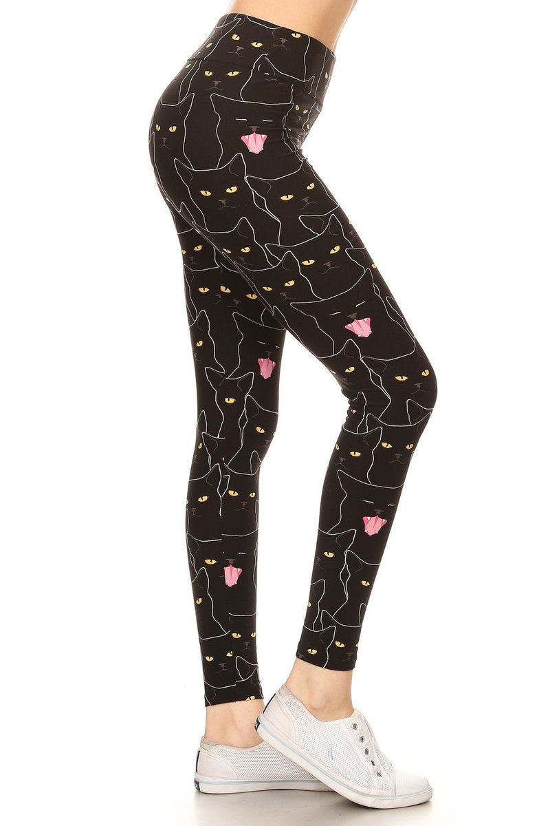 Yoga Style Banded Lined Black Cat Print, Full Length Leggings In A Slim Fitting - YuppyCollections