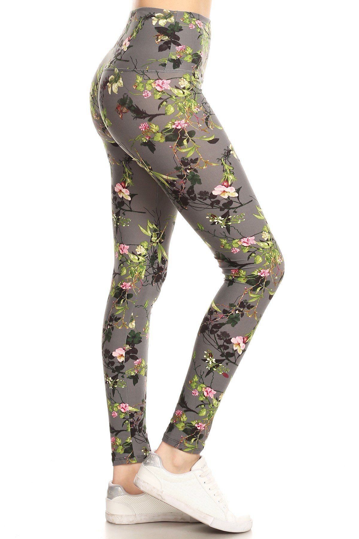 5-inch Long Yoga Style Banded Lined Floral Printed Knit Legging With High Waist - YuppyCollections