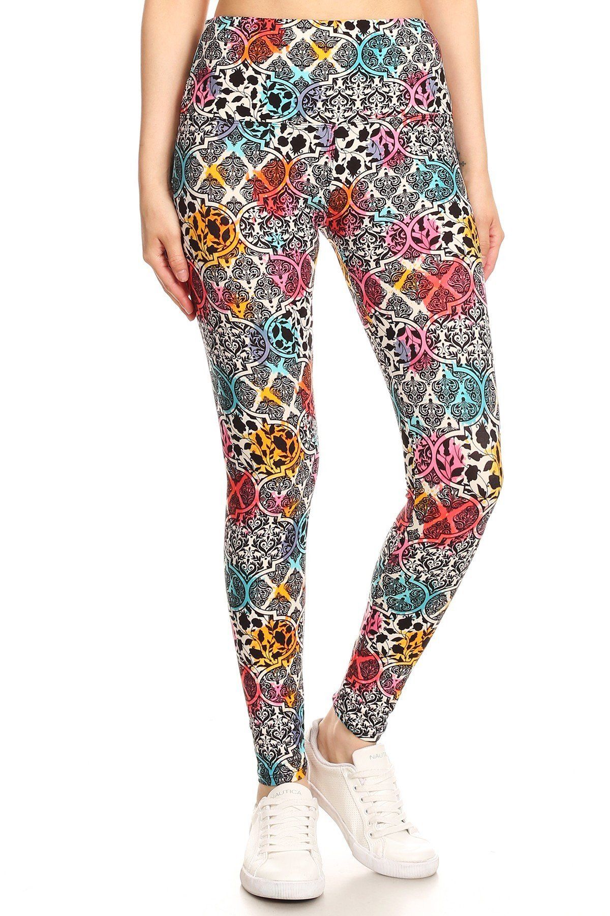 5-inch Long Yoga Style Banded Lined Damask Pattern Printed Knit Legging With High Waist - YuppyCollections