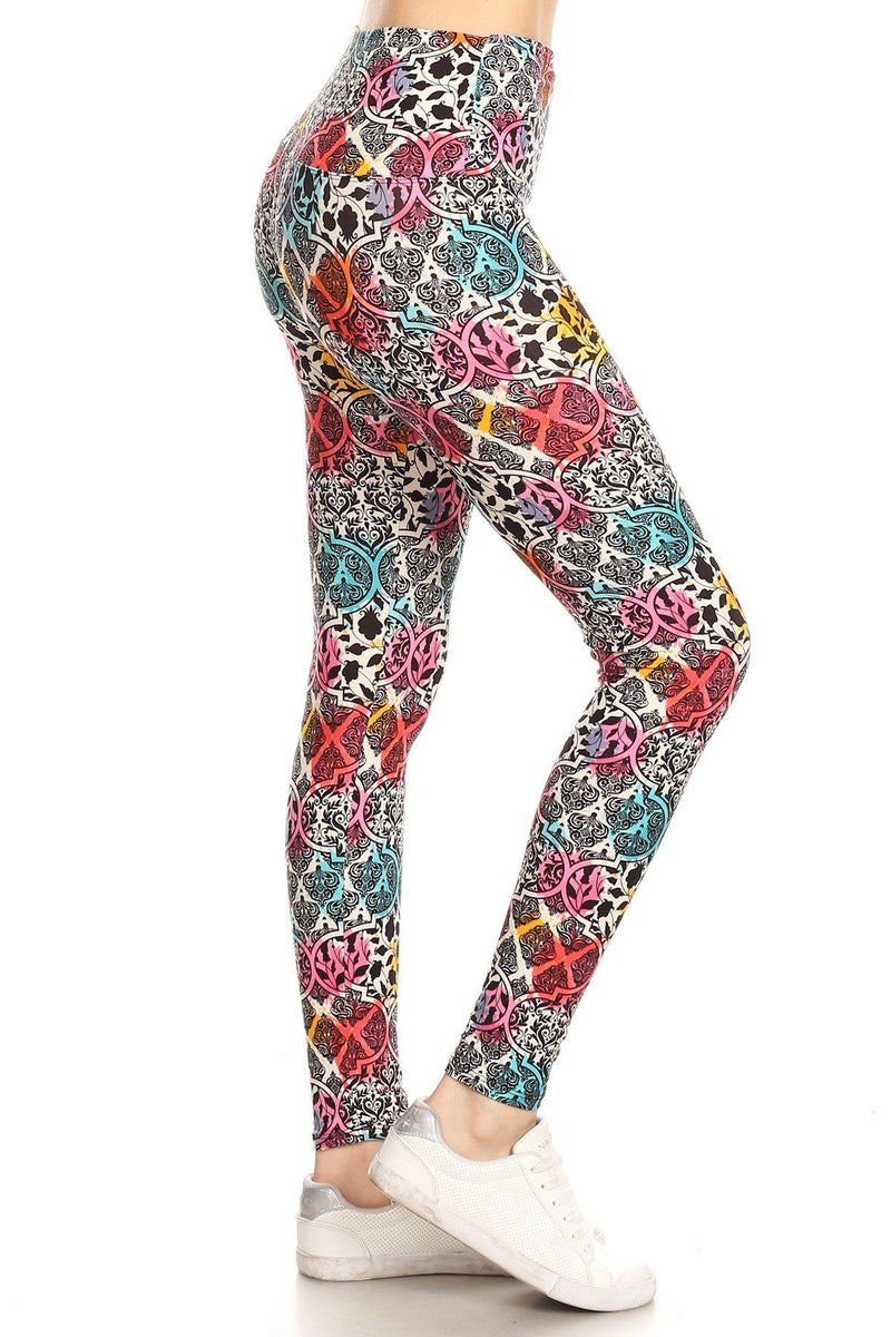 5-inch Long Yoga Style Banded Lined Damask Pattern Printed Knit Legging With High Waist - YuppyCollections