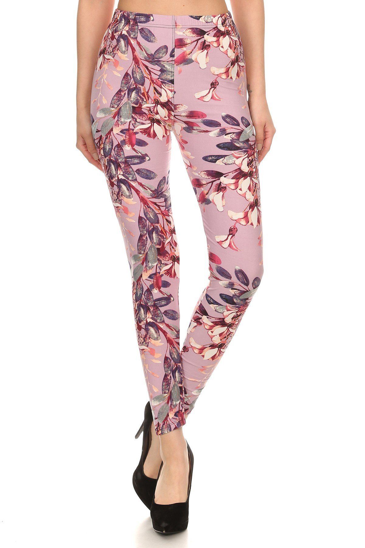 Floral Printed High Waisted Knit Leggings In Skinny Fit With Elastic Waistband - YuppyCollections