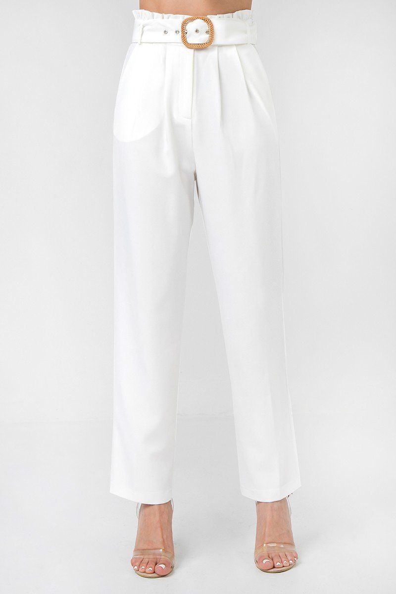 A Solid Pant Featuring Paperbag Waist With Rattan Buckle Belt - YuppyCollections