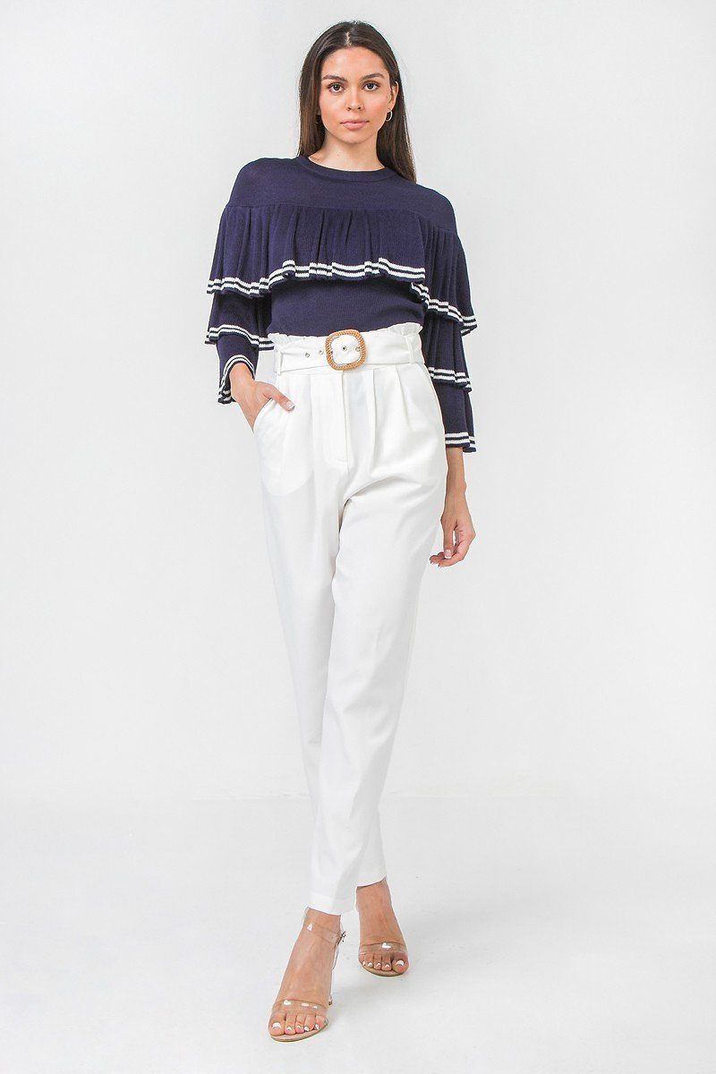 A Solid Pant Featuring Paperbag Waist With Rattan Buckle Belt - YuppyCollections