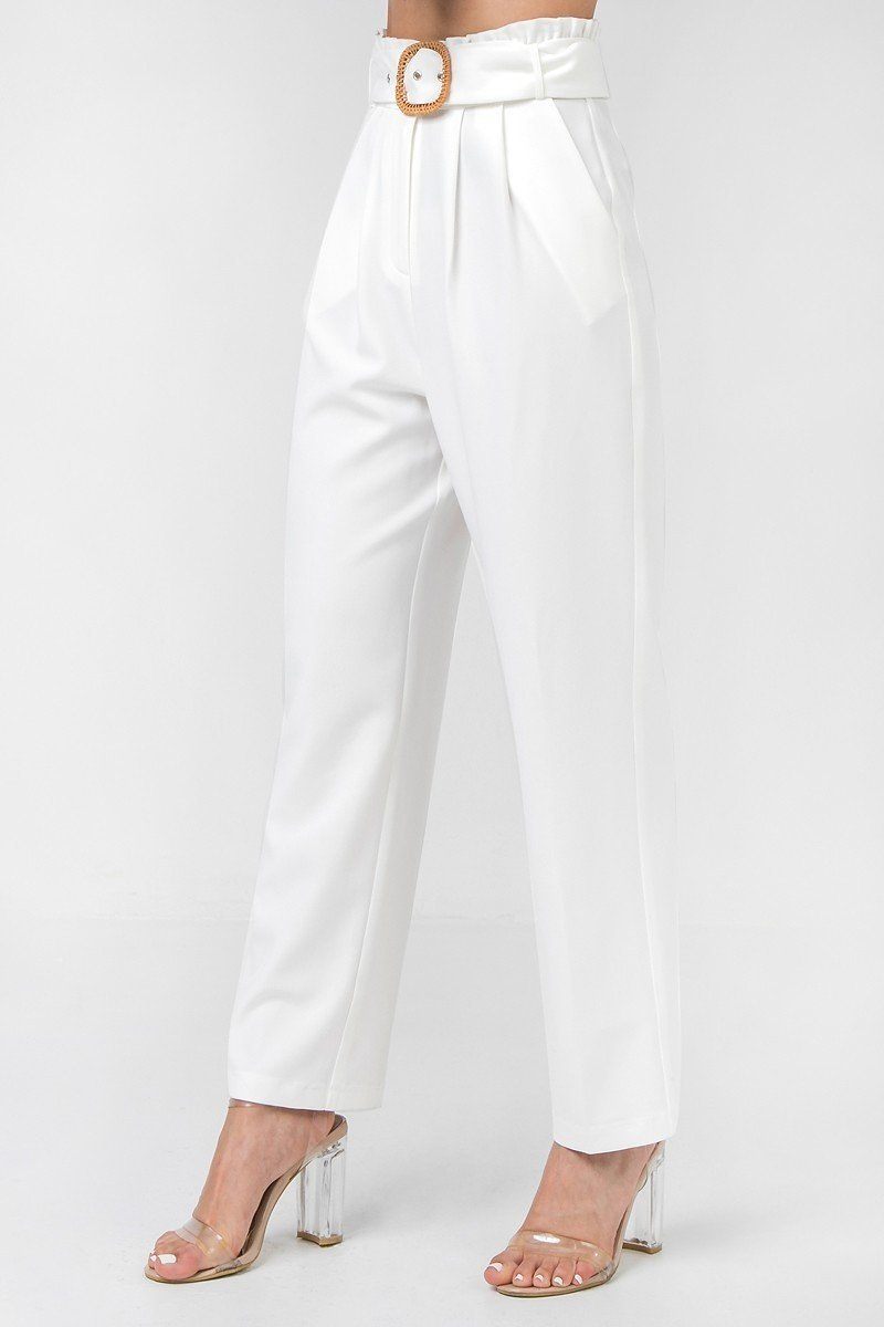 A Solid Pant Featuring Paperbag Waist With Rattan Buckle Belt - YuppyCollections