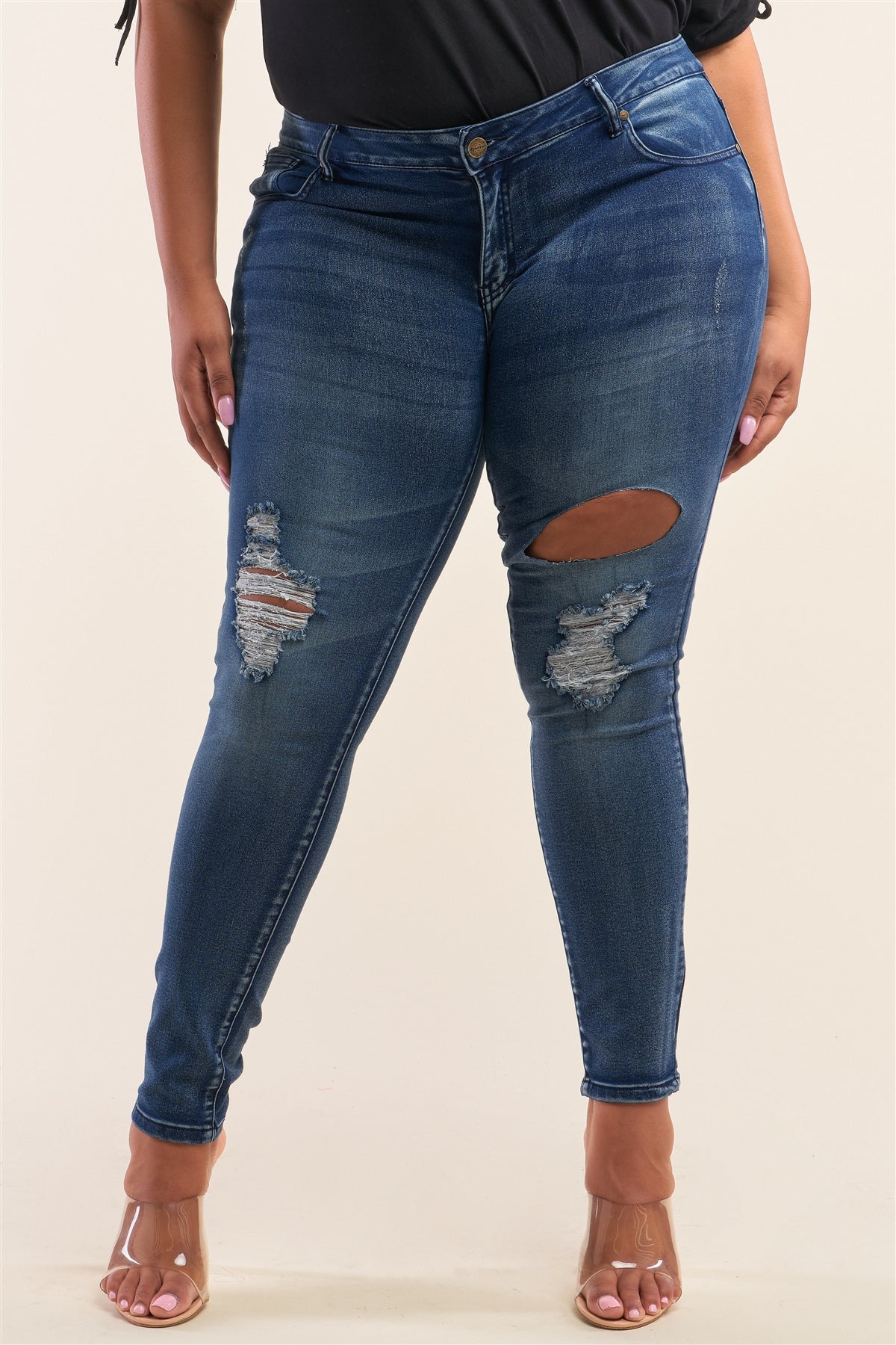 Plus Size Dark Blue Low-rise Ripped Denim Pants - YuppyCollections