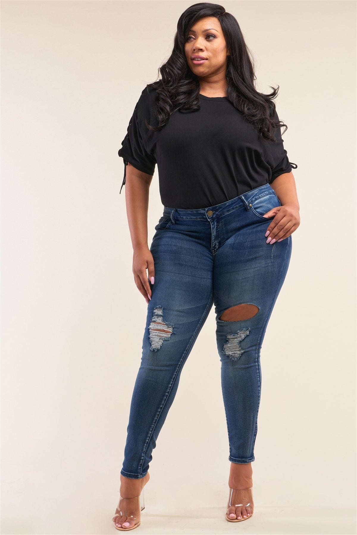 Plus Size Dark Blue Low-rise Ripped Denim Pants - YuppyCollections