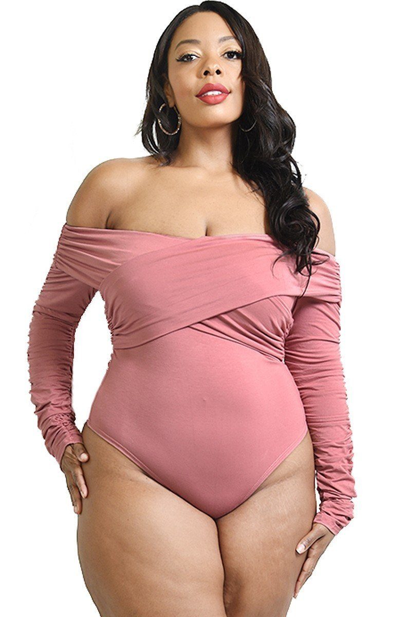 Plus Solid Cross Wrapped Long Sleeve Bodysuit - YuppyCollections