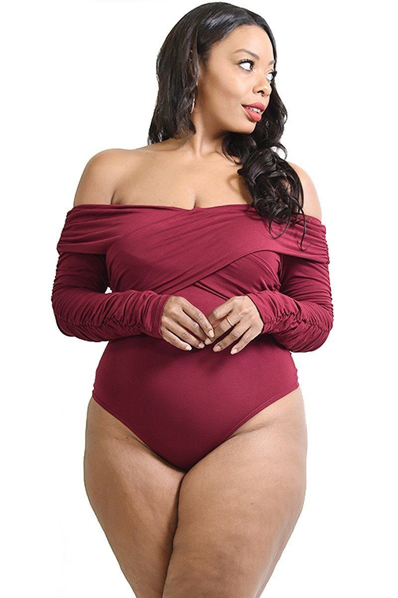 Plus Solid Cross Wrapped Long Sleeve Bodysuit - YuppyCollections