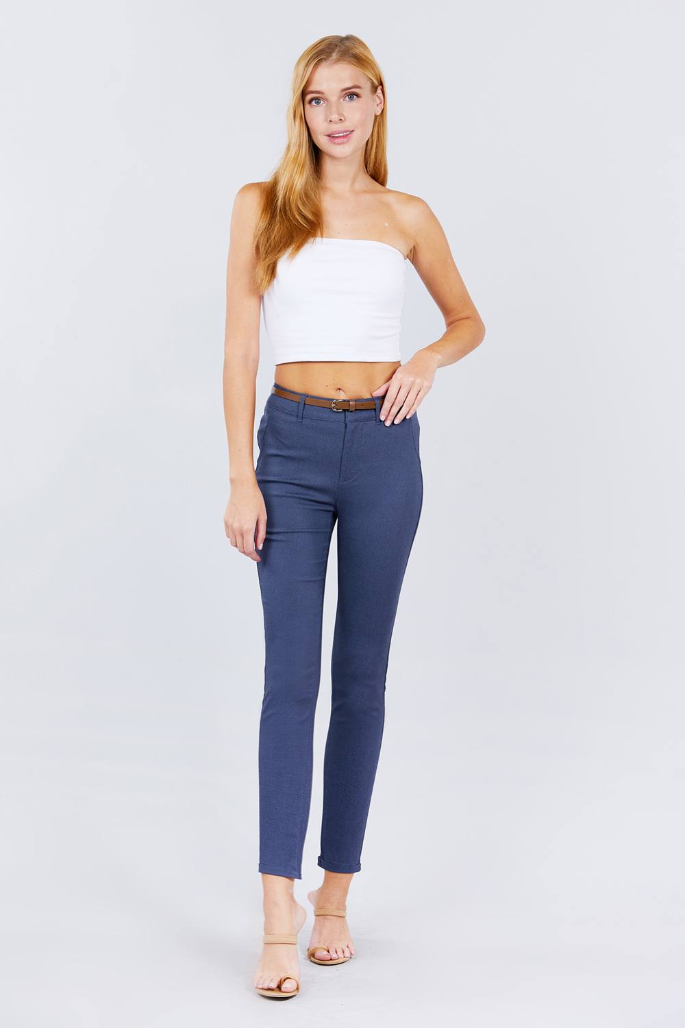 Belted Textured Long Pants - YuppyCollections