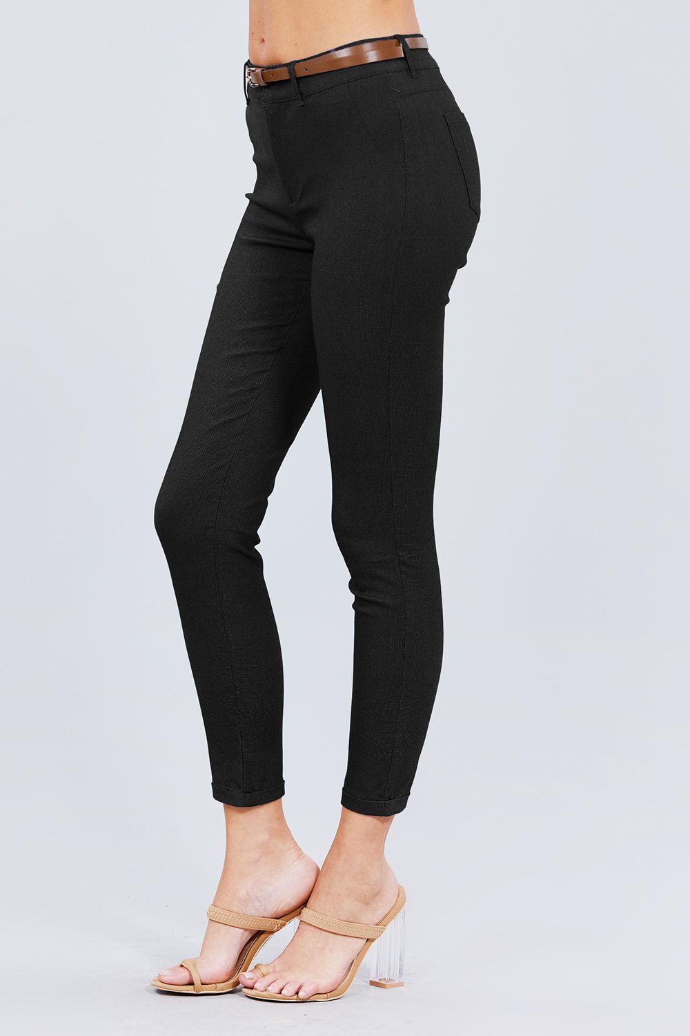 Belted Textured Long Pants - YuppyCollections