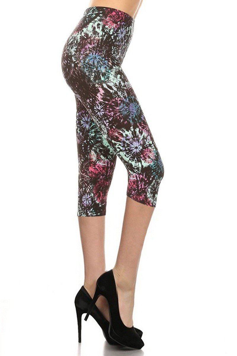 Tie Dye Printed High Waisted Capri Leggings With Elastic Waistband - YuppyCollections