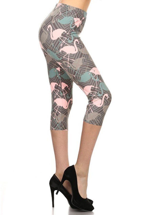 Flamingos Printed Knit Capri Legging With Elastic Waistband - YuppyCollections