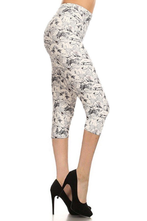 Cat Print, High Waisted Capri Leggings In A Fitted Style With An Elastic Waistband - YuppyCollections