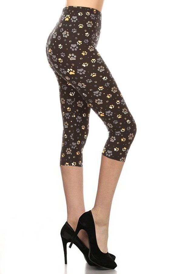 Paw Print, High Rise, Fitted Capri Leggings, With An Elastic Waistband - YuppyCollections