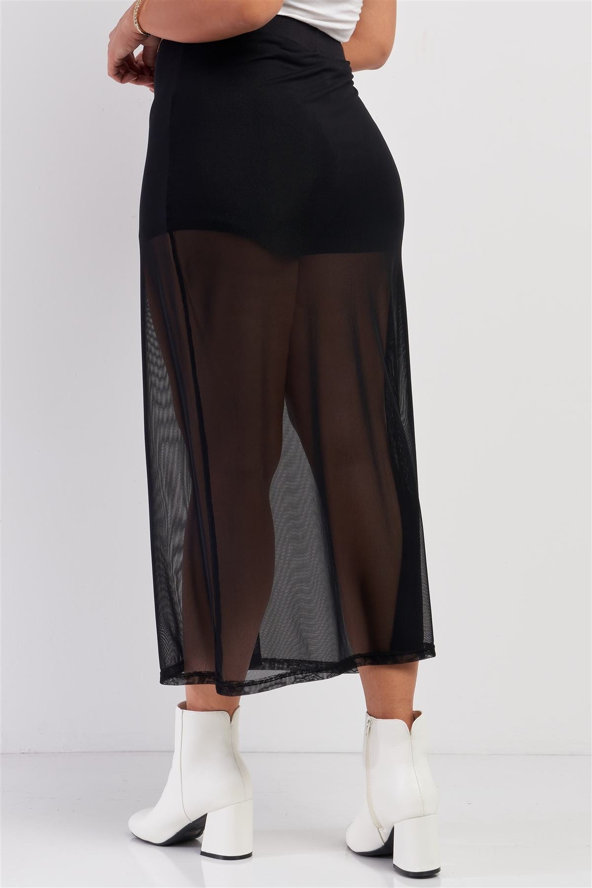 Plus Black High Waisted Sheer Mesh Underskirt Midi Skirt - YuppyCollections