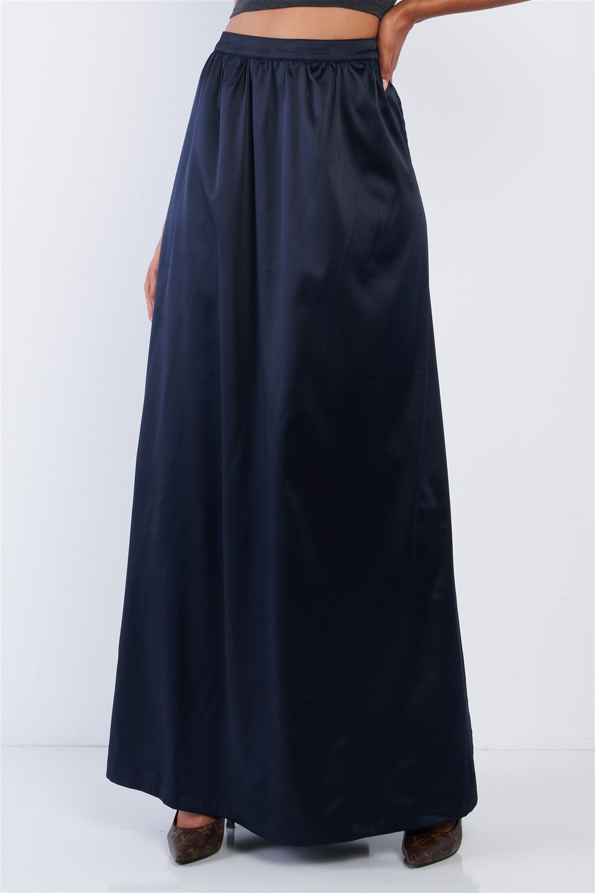 Solid Navy Blue Satin High Waist Flowing Maxi Skirt - YuppyCollections