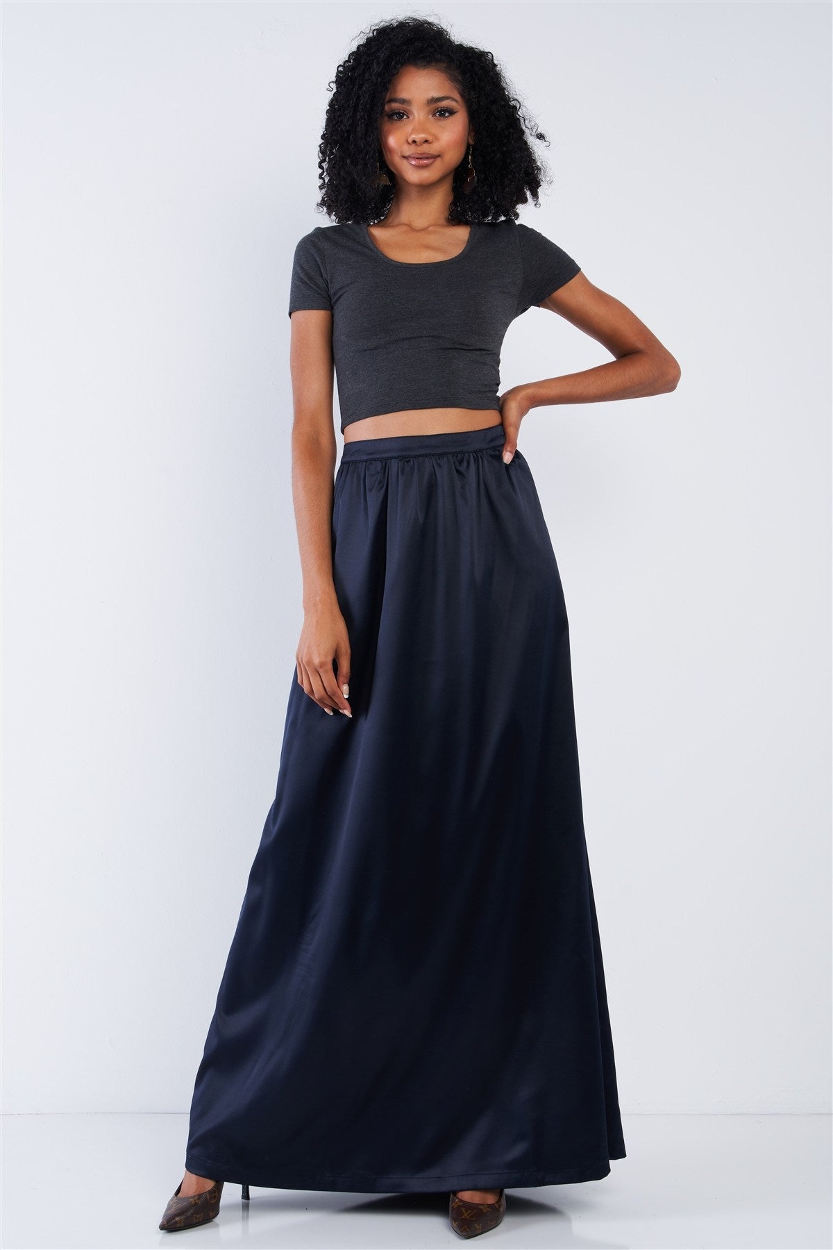 Solid Navy Blue Satin High Waist Flowing Maxi Skirt - YuppyCollections