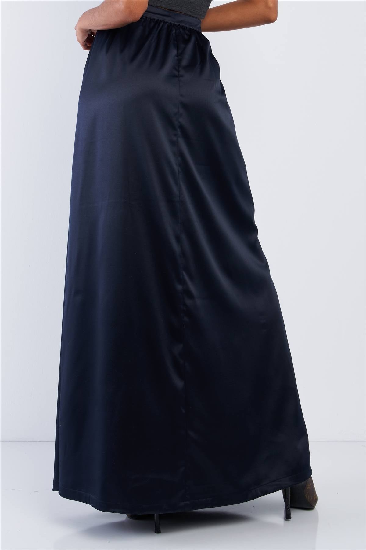 Solid Navy Blue Satin High Waist Flowing Maxi Skirt - YuppyCollections