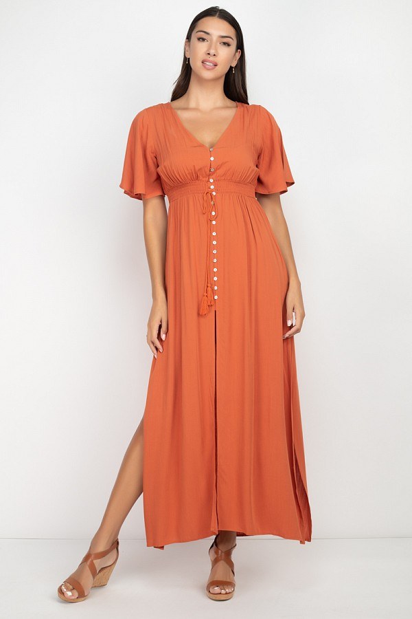 Side Slit Smocked Waist Maxi Dress - YuppyCollections