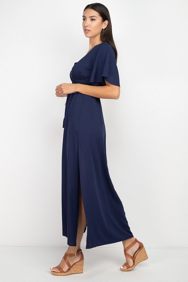 Side Slit Smocked Waist Maxi Dress - YuppyCollections