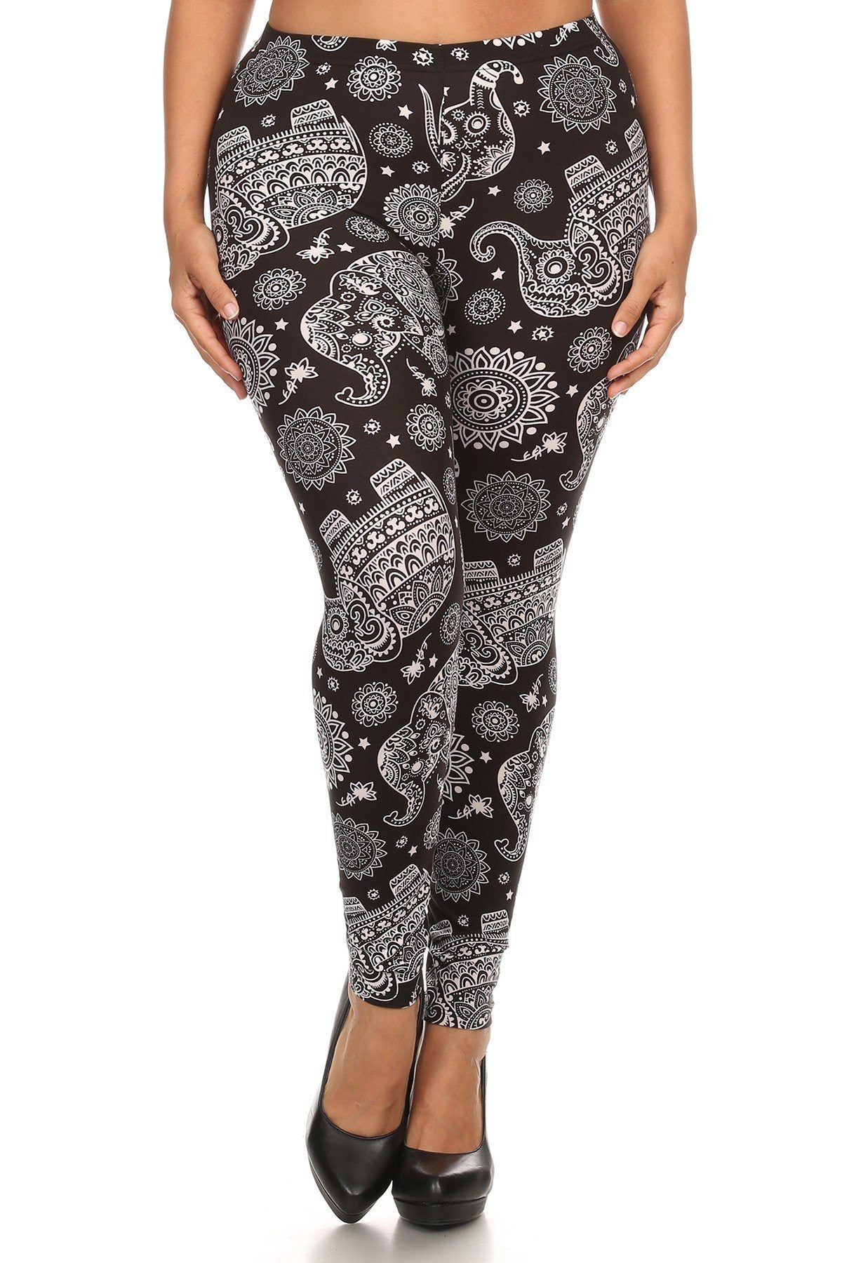 Plus Size Elephant Print, Full Length Leggings In A Slim Fitting Style With A Banded High Waist - YuppyCollections