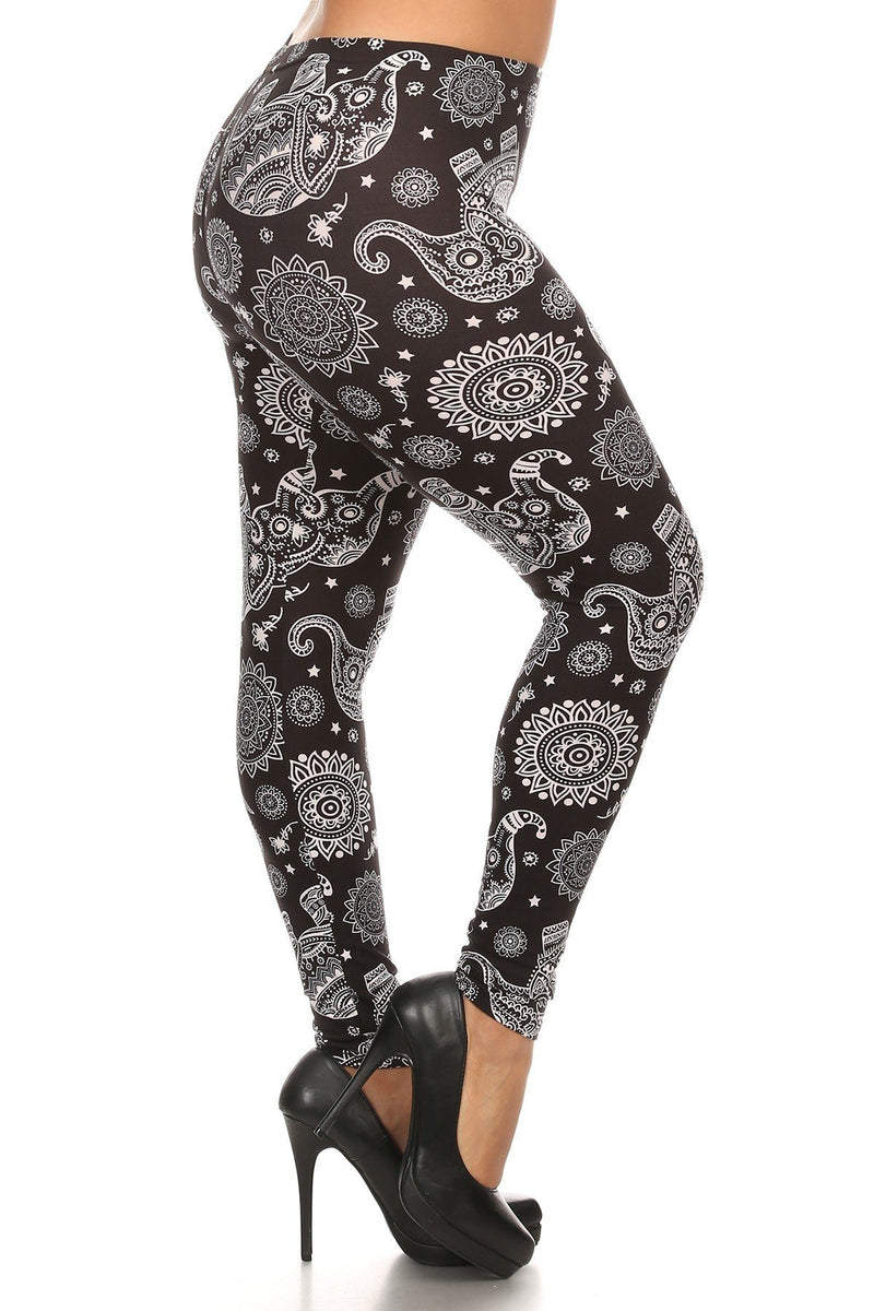 Plus Size Elephant Print, Full Length Leggings In A Slim Fitting Style With A Banded High Waist - YuppyCollections