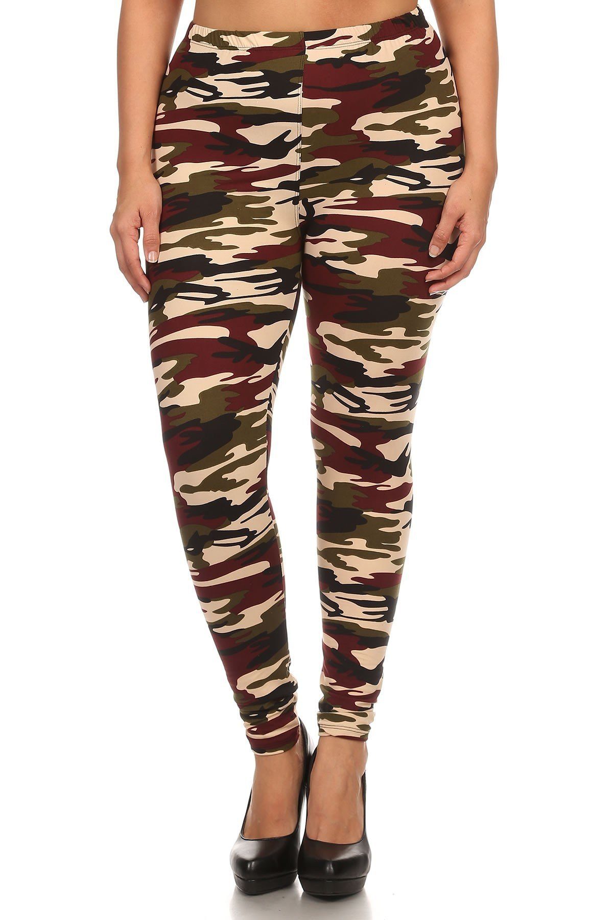 Plus Size Army Print, Banded, Full Length Leggings In A Fitted Style With A High Waist - YuppyCollections