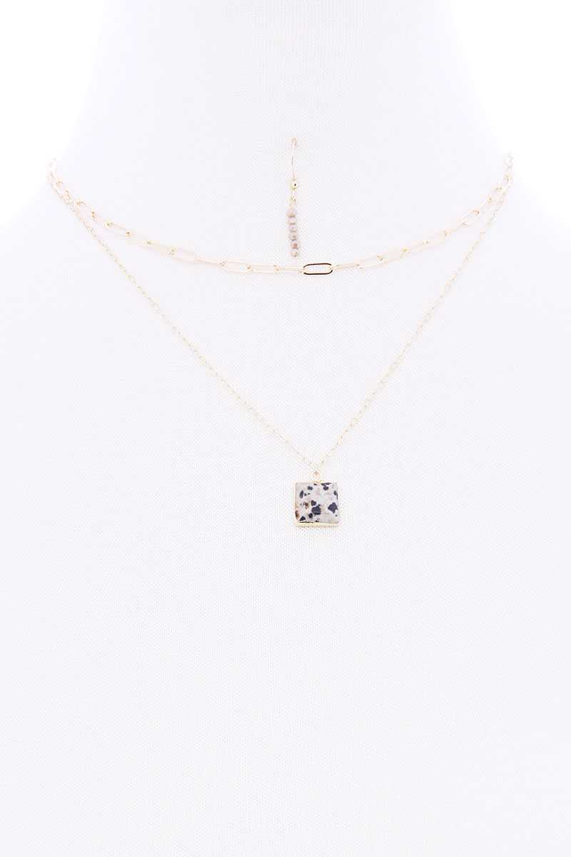 2 Layered Chain Metal Square Marbling Stone Pendant Necklace - YuppyCollections