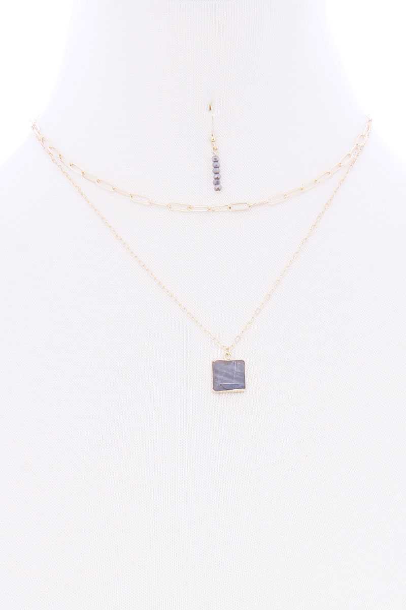 2 Layered Chain Metal Square Marbling Stone Pendant Necklace - YuppyCollections