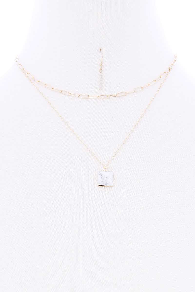 2 Layered Chain Metal Square Marbling Stone Pendant Necklace - YuppyCollections