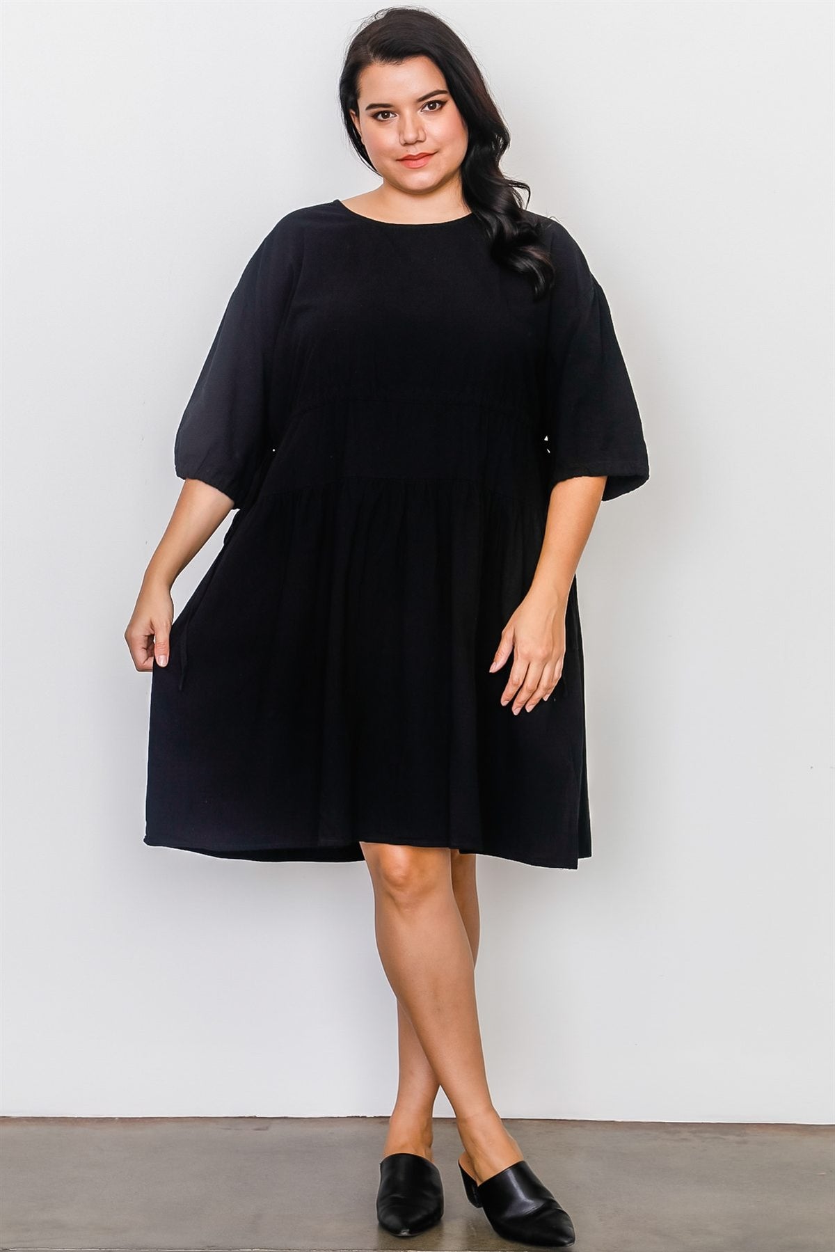 Plus Size Black Tie Sleeve Loose Midi Dress - YuppyCollections