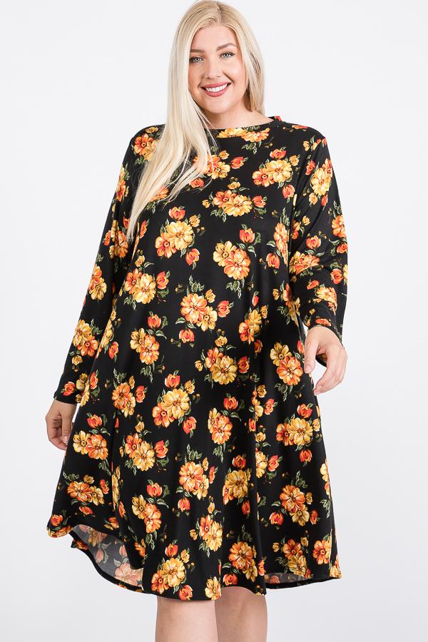 Floral Mock Neck Hidden Pocket Round Hem Midi Dress - YuppyCollections