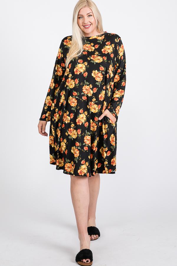 Floral Mock Neck Hidden Pocket Round Hem Midi Dress - YuppyCollections