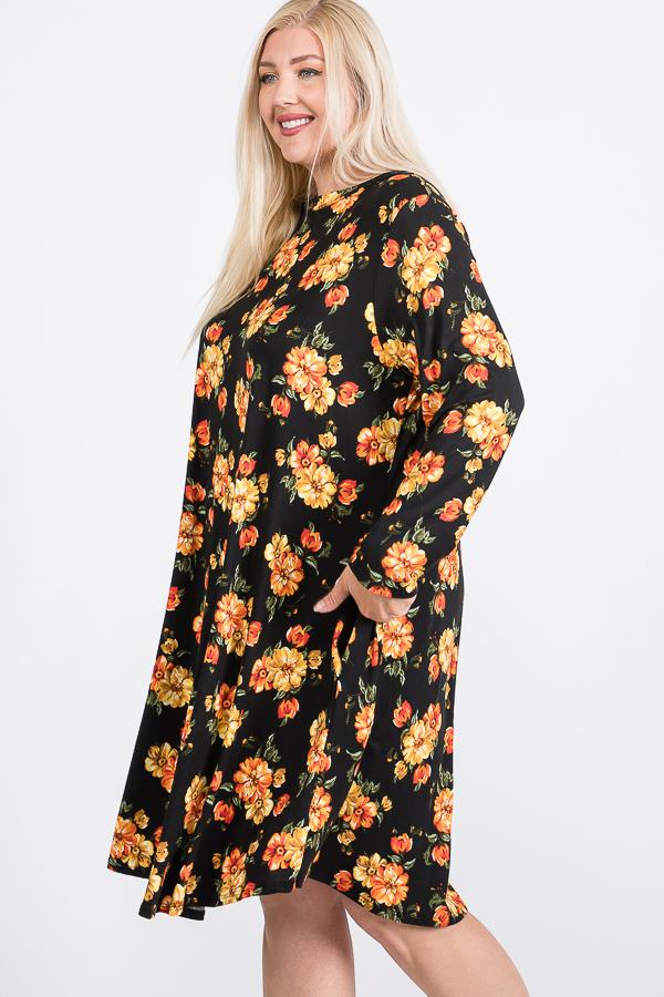 Floral Mock Neck Hidden Pocket Round Hem Midi Dress - YuppyCollections