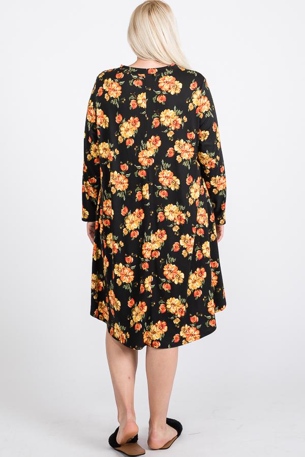 Floral Mock Neck Hidden Pocket Round Hem Midi Dress - YuppyCollections